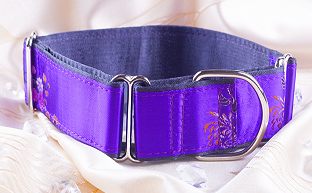 Luxusní obojek Martingale Glorious Purple Queen, fialový brokát, polostahovací, 5 cm široký, na chrta